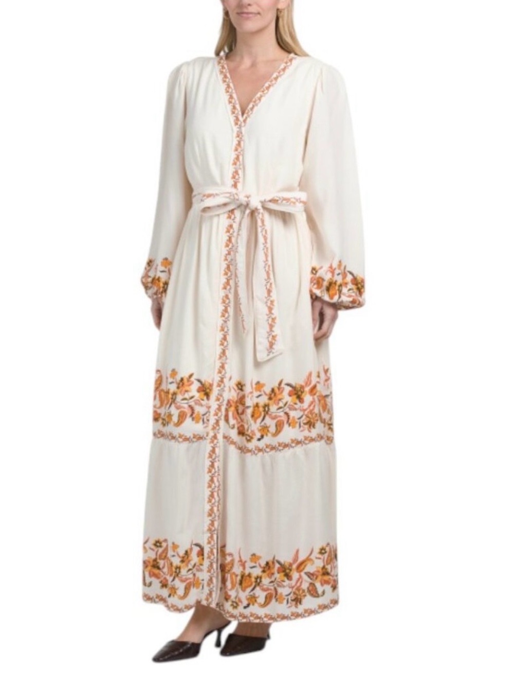 NWT LEA floral border maxi dress with a V-neckline and tie waist. Size Small. - Picture 3 of 12